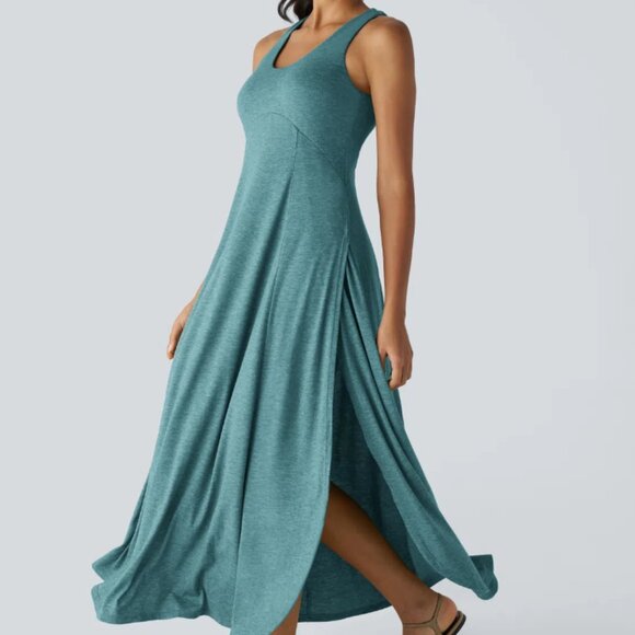 HALARA Dresses & Skirts - Halara U Neck Flowy Maxi Casual Tank Dress Size L NWT Stone Green Floral Yarn